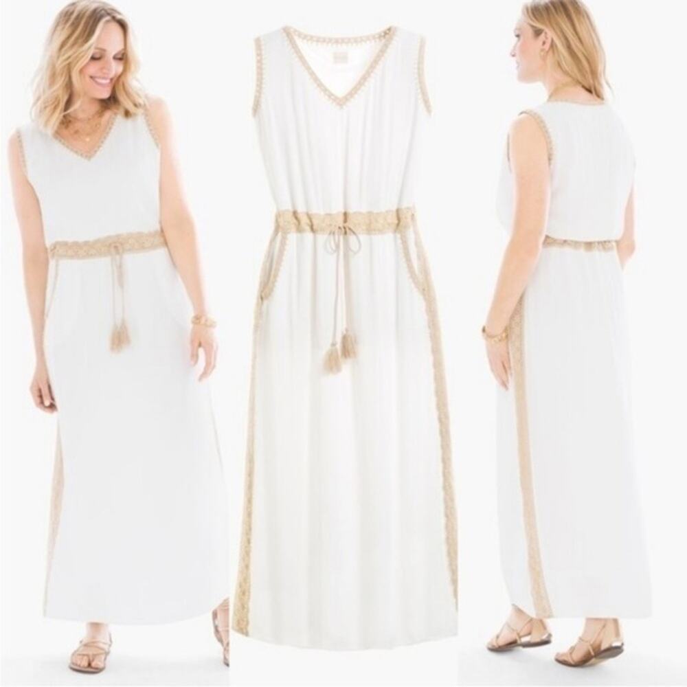 Chico's Grecian Goddess White Tan Crochet Tie Waist Sleeveless Maxi Dress 1 US 8
